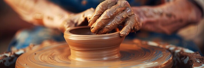 Panoramic closeup banner of hads with clay molding material into pot on potter wheel turning - obrazy, fototapety, plakaty