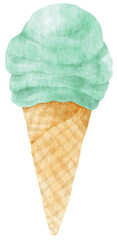 mint chocolate ice cream cone in watercolor summer element