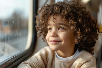 Portrait of a cute curly-haired boy in a knitted sweater looking out the train the window - Powered by Adobe