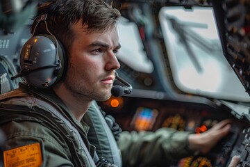 Focused pilot in cockpit reviewing aircraft manual with intense concentration