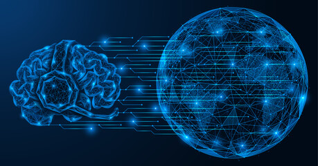 Artificial intelligence is connected to a global network. The brain is wearing headphones with a microphone in front of planet Earth. Polygonal design of interconnected lines and dots.
