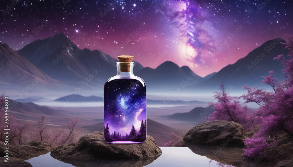 Wall mural bottle filled with cosmos and mountains - Wall murals