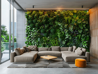 Modern living room with vertical garden wall, comfortable sofa, and floor-to-ceiling windows.