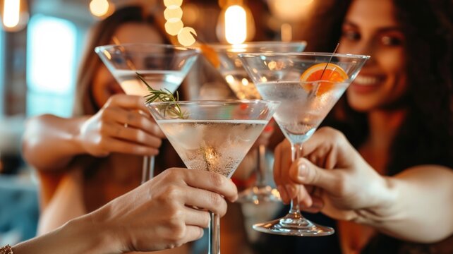 Friends toasting with martinis in a chic and lively cocktail lounge - Powered by Adobe