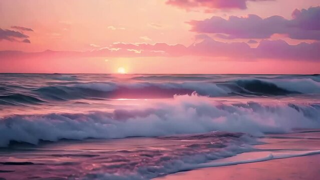 A pink sunset over the ocean with crashing waves, beautiful, dreamy, romantic, calming