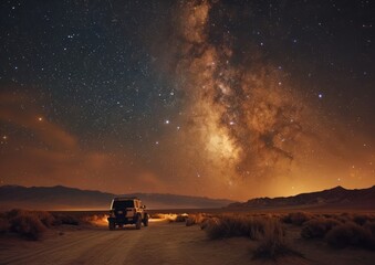 dirt road in desert with starry night sky.