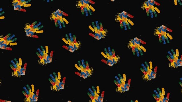 Pattern of Colorful Painted Hands on Black Background