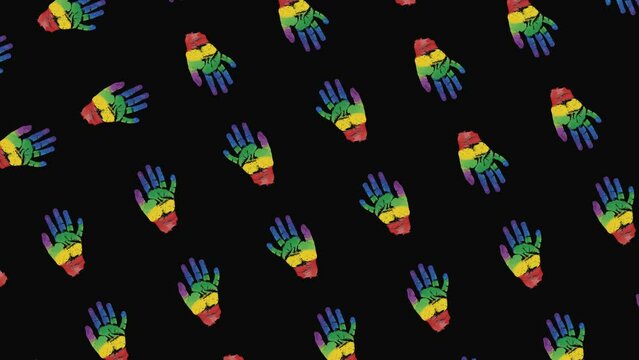 Pattern of Colorful Painted Hands on Black Background