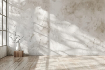 Mockup of a white wall with and wooden floor. Bright empty room with a large window