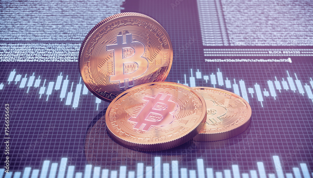 Poster illustation of three golden physical bitcoin coins. transactions and a candlestick chart can be seen