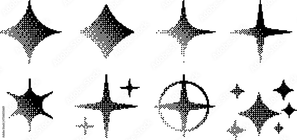 Aufkleber Bitmap Vector stars set. Abstract vector bitmap effect that imitates pixels. Use these shapes for app interfaces, posters, patterns, logo design, business cards, brand books, animation, web