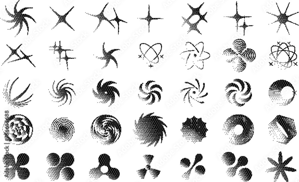 Aufkleber Bitmap Vector Shapes set. Abstract vector bitmap effect that imitates pixels. Use these shapes for app interfaces, posters, patterns, logo design, business cards, brand books, animation, web