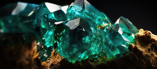 A closeup of a turquoise crystal resting on a rock in the darkness, showcasing its electric blue hue. This vibrant fashion accessory resembles an art piece in a fictional characters sleeve