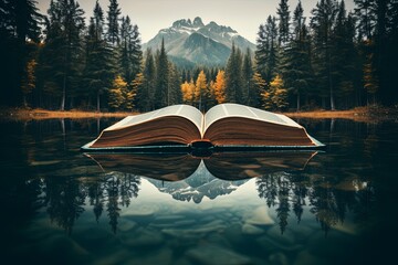 multi-exposure . Ecology, earth month,The concept of an open magic book; open pages with water, forest. wildlife, books, water. Copy space. 