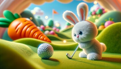 Animated Rabbit Character Playing Golf on Course - obrazy, fototapety, plakaty