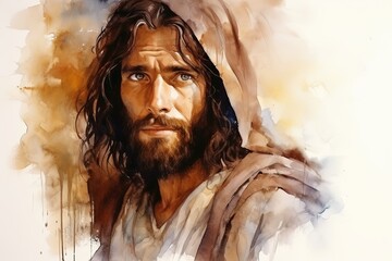 Biblical story. Religion. Portrait of Jesus. Watercolor drawing. Copy space - obrazy, fototapety, plakaty