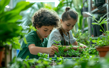 Diverse school children gardening in school orchard during gardening or botany lesson