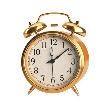 recommend clip art: Golden retro alarm clock isolated on white or transparent background, png clipart, design element. Easy to place on any other background.