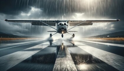 Small propeller airplane on wet runway during heavy rainstorm - obrazy, fototapety, plakaty