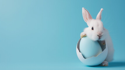 Easter rabbit, cute white bunny coming out of an opened egg on empty blue background with copy space