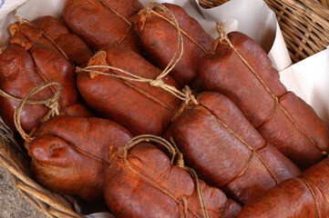 Nduja, typical sausage prepared with pork, Tropea, Vibo Valentia district, Calabria, Italy