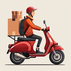 A red scooter delivery man carrying cardboard boxes on his back, in a simple flat vector illustration style - obrazy, fototapety, plakaty