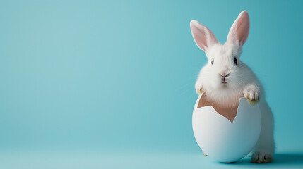 Easter rabbit, cute white bunny coming out of an opened egg on empty blue background with copy space