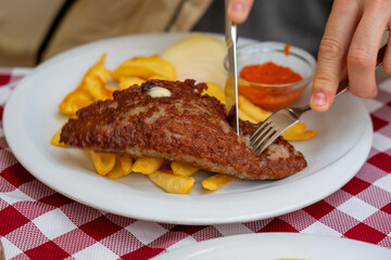 pljeskavica filled with cheese popular pork dish in balkan plate with ajvar and fries