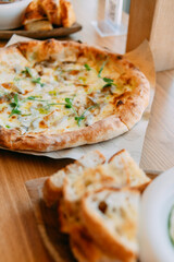 pizza on a wooden table
