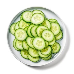 Top view on dish with slices of cucumber isolated on white background.