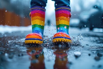 Close-up of kid feet wearing rainbow color rain boots and walking during sleet, rain on cold day. Child in colorful fashion casual clothes jumping in a puddle. Having fun outdoors. Healthy lifestyle - obrazy, fototapety, plakaty