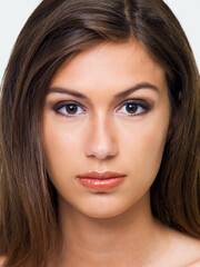 Obraz premium Woman, portrait and haircare in studio, pamper and keratin treatment or brazilian on white background. Female person, closeup and luxury shampoo or conditioner for beauty, cosmetics and dermatology