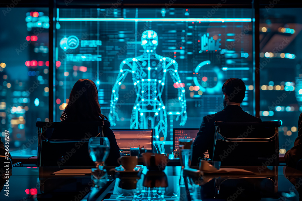 Poster a business meeting facilitated by an ai-powered virtual assistant. a group of people are sitting at 