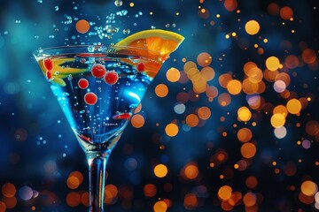 Vibrant cosmopolitan cocktail with lively splashes against a dark blue backdrop - obrazy, fototapety, plakaty