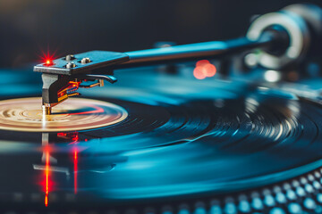 Close-up on the needle of a retro turntable with vinyl records in the background