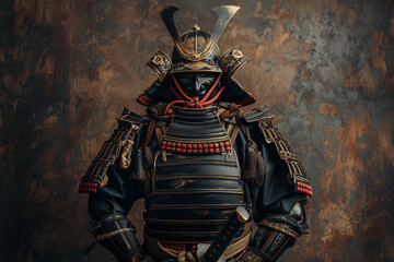 Full portrait of a samurai suit standing solemnly in a studio setting simple background enhancing the armors stoic elegance