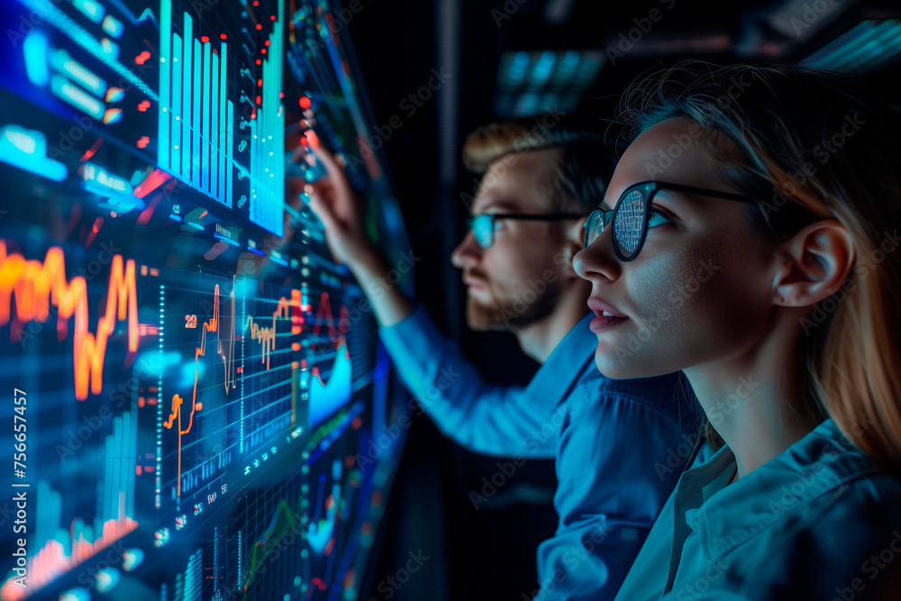 Poster a team of marketers analyzing market trends using big data analytics.a man and a woman wear glasses 