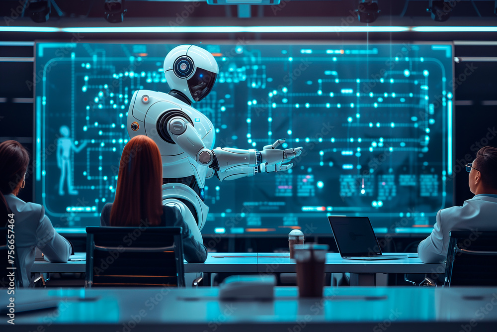 Poster a team of sales professionals using artificial intelligence for lead generation.robot presenting on 