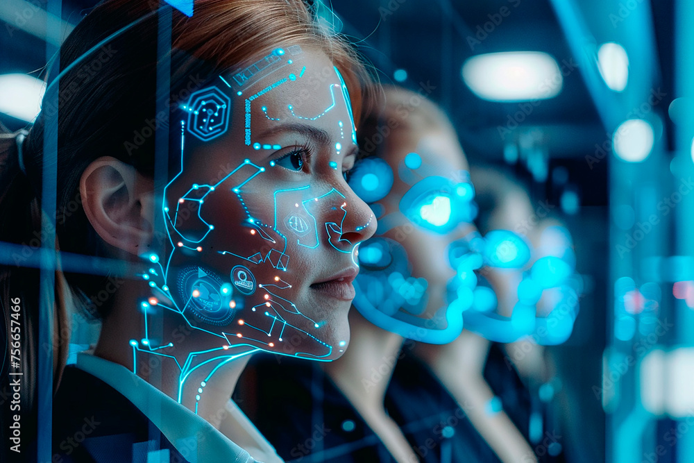 Poster a team of sales professionals using artificial intelligence for lead generation.a group of women are