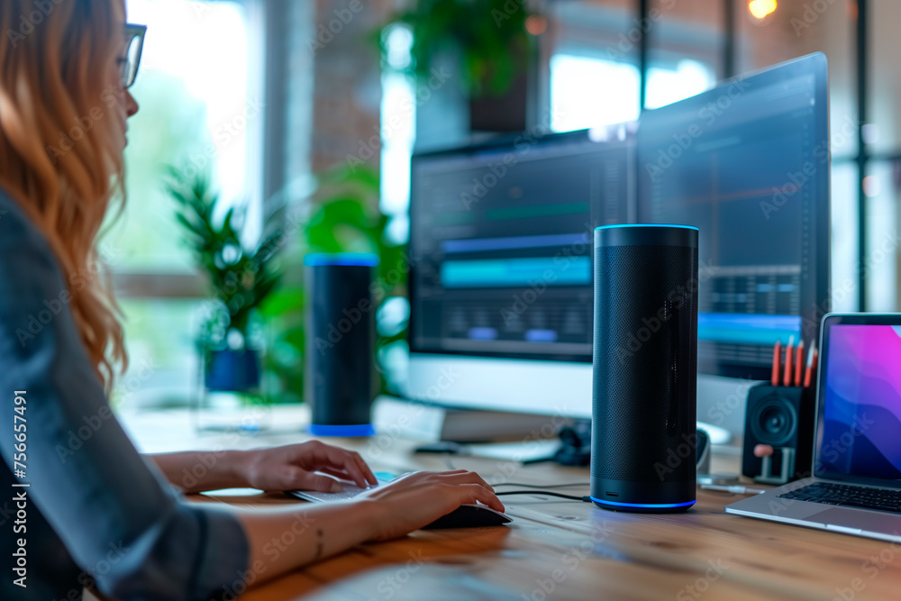 Poster an employee using a voice-activated virtual assistant to schedule meetings. a woman at a desk using 