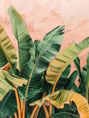 A detailed painting of a banana tree with lush green leaves, capturing the vibrant essence of tropical vegetation.