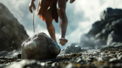 An evocative scene of David and Goliath, focusing on the moment the stone leaves David's sling, aimed at an unseen giant, with copy space