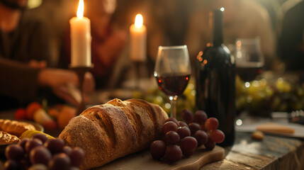 The Last Supper reimagined as a moment frozen in time, with a focus on the shared bread and wine,...