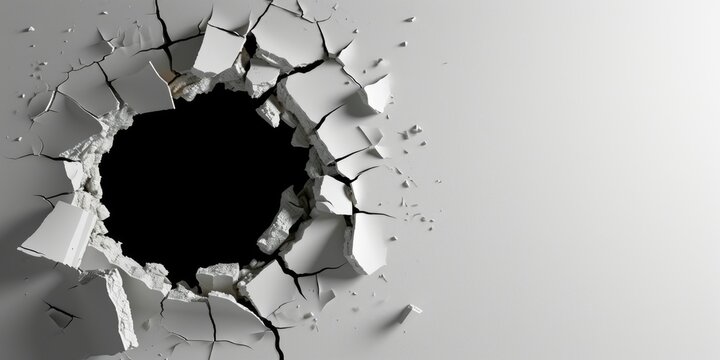 Close up view picture of the hollow white hole on the the wall that show the breaking part of the wall that has been made from strong material yet still can break to look through other side. AIGX03.