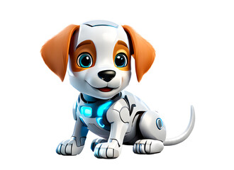 Adorable robot dog isolated on white background. Concept for mech chatbot dog. In 3d render style.