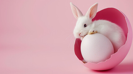 Easter rabbit, cute white bunny coming out of an opened egg on empty pink background with copy space