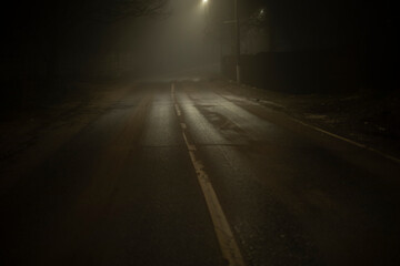 Fog on road. Empty road at night. Light in fog.
