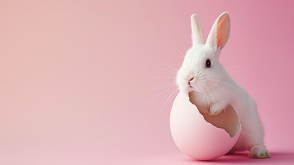 Obraz premium Easter rabbit, cute white bunny coming out of an opened egg on empty pink background with copy space