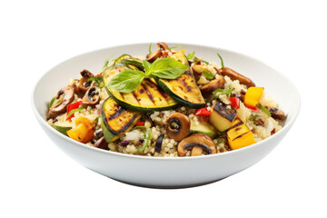Quinoa salad with grilled vegetables, nuts and vinaigrette isolated on transparent background.
