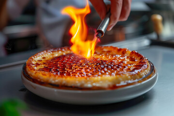 Close-up of a chef flambeing a dessert called Crème brûlée with a kitchen lighter - obrazy, fototapety, plakaty